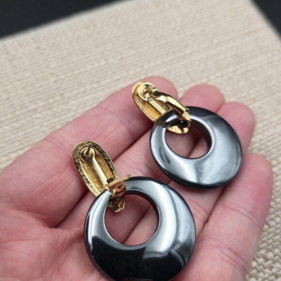 Gold Plated Circle Hematite Stone Dangle Earrings A6280 - Picture 3 of 5